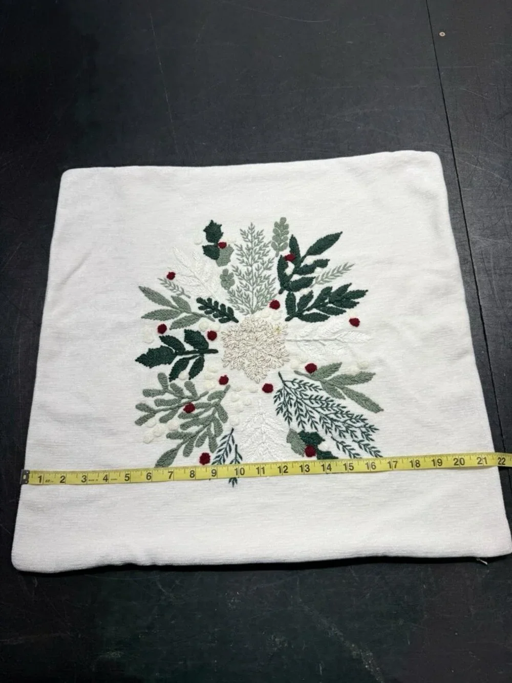 Pottery Barn 22” Embroidered Chenille Christmas Pillow Cover Holly Snowflake